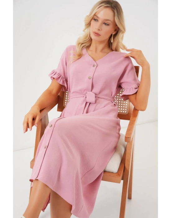 Kısa Kol Düğmeli Elbise 2555  Pudra
