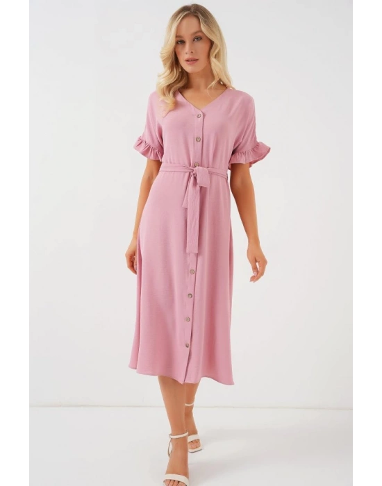 Kısa Kol Düğmeli Elbise 2555  Pudra
