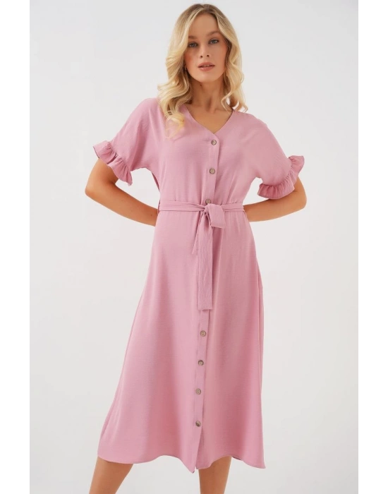 Kısa Kol Düğmeli Elbise 2555  Pudra