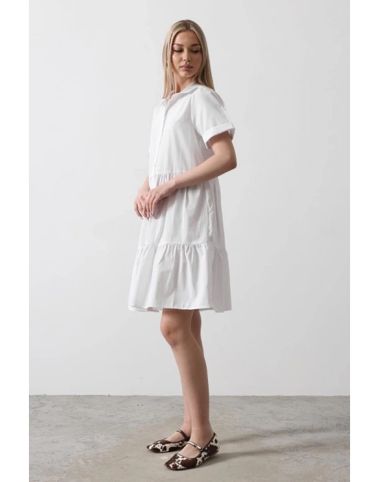 Kısa Kol Düğmeli Elbise  Beyaz