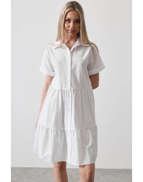 Kısa Kol Düğmeli Elbise  Beyaz