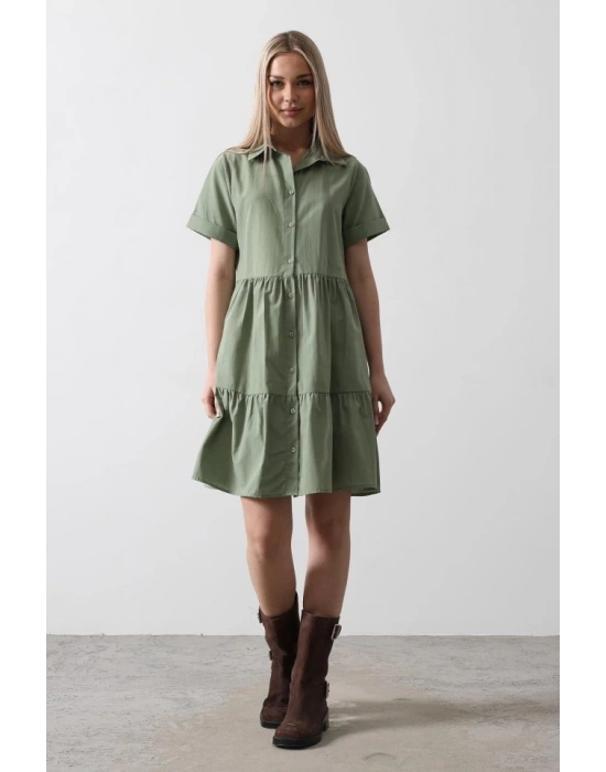 Kısa Kol Düğmeli Elbise  Haki