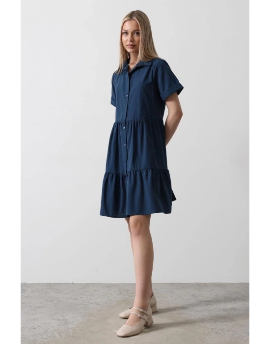 Kısa Kol Düğmeli Elbise  İndigo