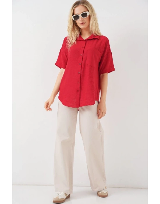 Kısa Kol Keten Görünümlü Gömlek 203  Kırmızı