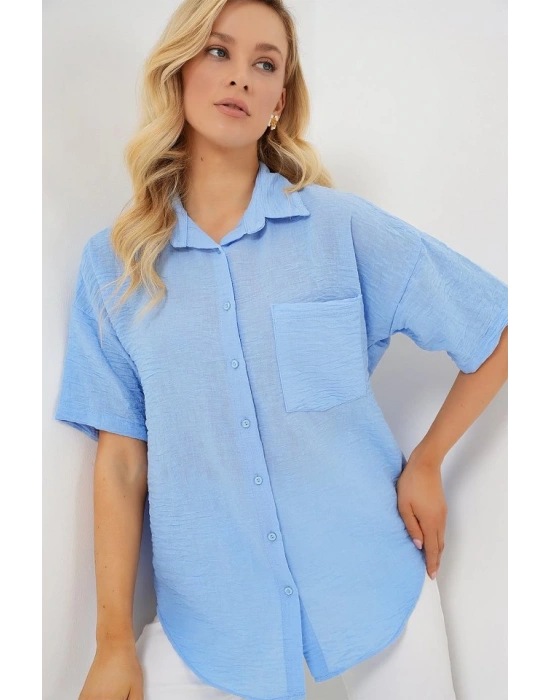 Kısa Kol Keten Görünümlü Gömlek 203  Mavi