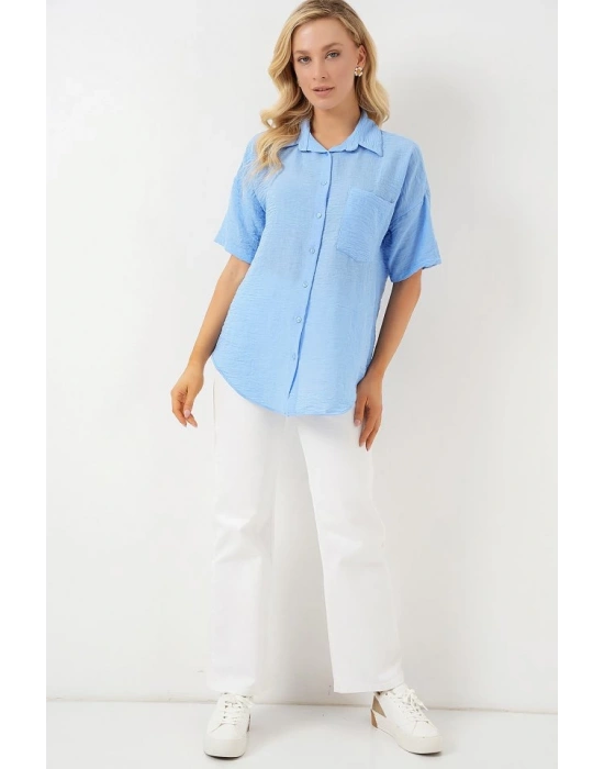 Kısa Kol Keten Görünümlü Gömlek 203  Mavi