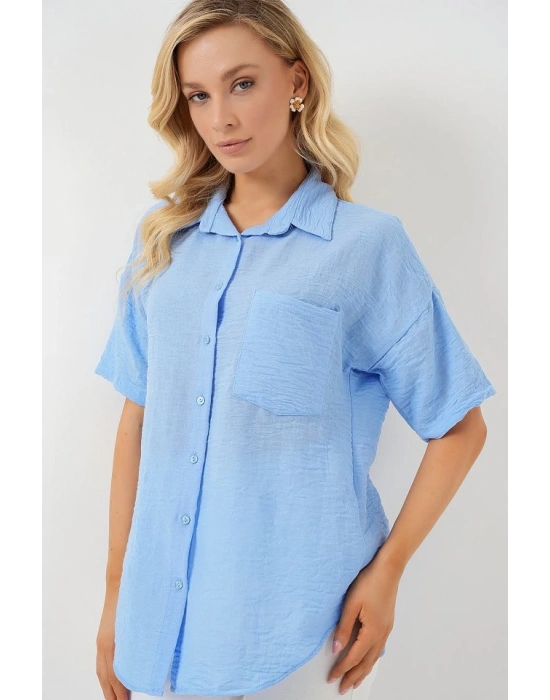 Kısa Kol Keten Görünümlü Gömlek 203  Mavi