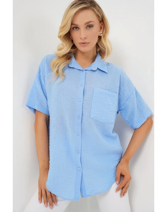 Kısa Kol Keten Görünümlü Gömlek 203  Mavi
