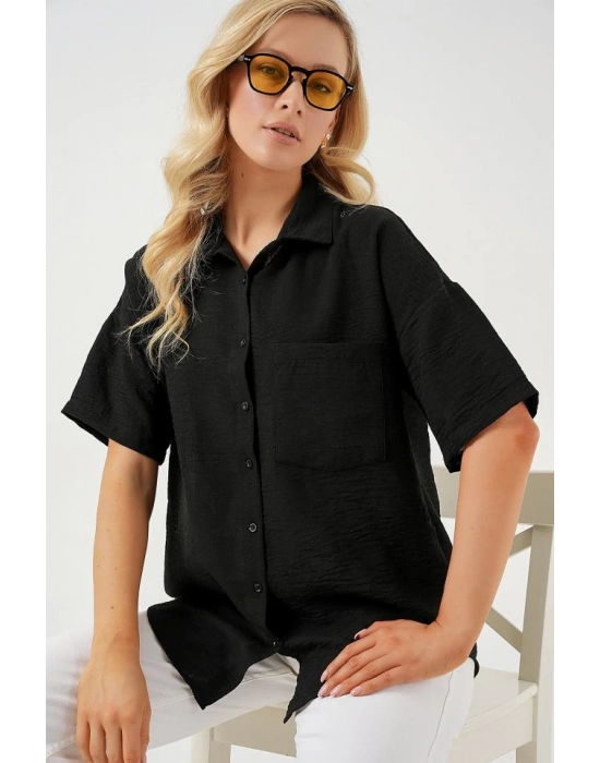 Kısa Kol Keten Görünümlü Gömlek 203  Siyah