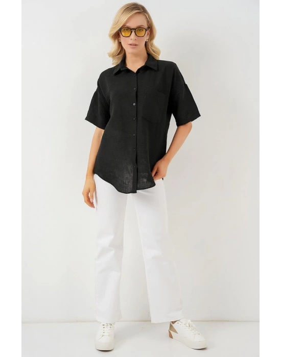 Kısa Kol Keten Görünümlü Gömlek 203  Siyah
