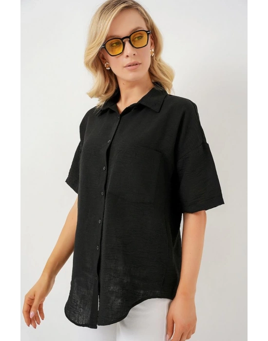 Kısa Kol Keten Görünümlü Gömlek 203  Siyah