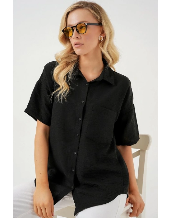 Kısa Kol Keten Görünümlü Gömlek 203  Siyah