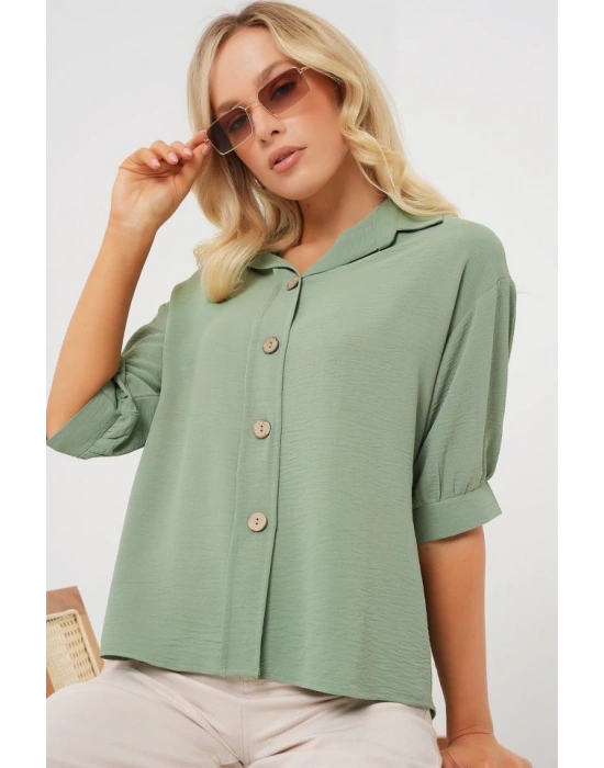 Kısa Kol Oversize Keten Gömlek 202  Çağla