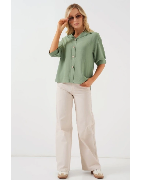 Kısa Kol Oversize Keten Gömlek 202  Çağla