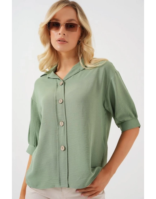 Kısa Kol Oversize Keten Gömlek 202  Çağla