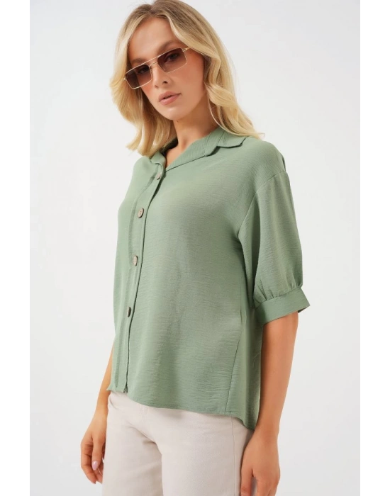 Kısa Kol Oversize Keten Gömlek 202  Çağla