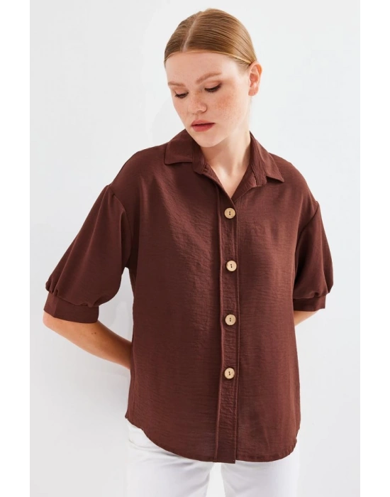 Kısa Kol Oversize Keten Gömlek 202  Kahverengi