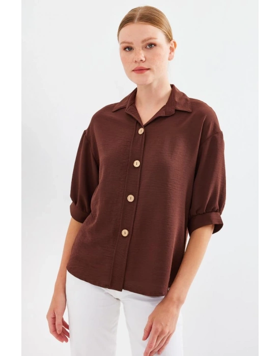 Kısa Kol Oversize Keten Gömlek 202  Kahverengi