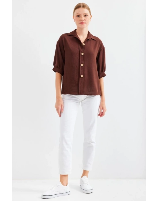 Kısa Kol Oversize Keten Gömlek 202  Kahverengi