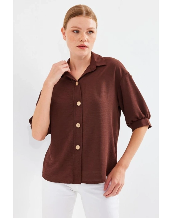 Kısa Kol Oversize Keten Gömlek 202  Kahverengi