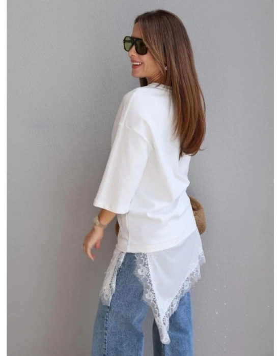 Kısa Kollu Asimetrik Kesim Dantel Güpür Detay Bluz