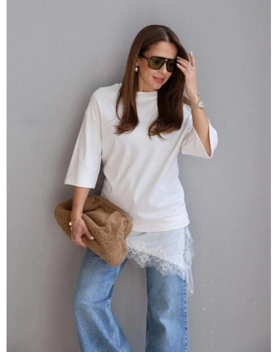 Kısa Kollu Asimetrik Kesim Dantel Güpür Detay Bluz