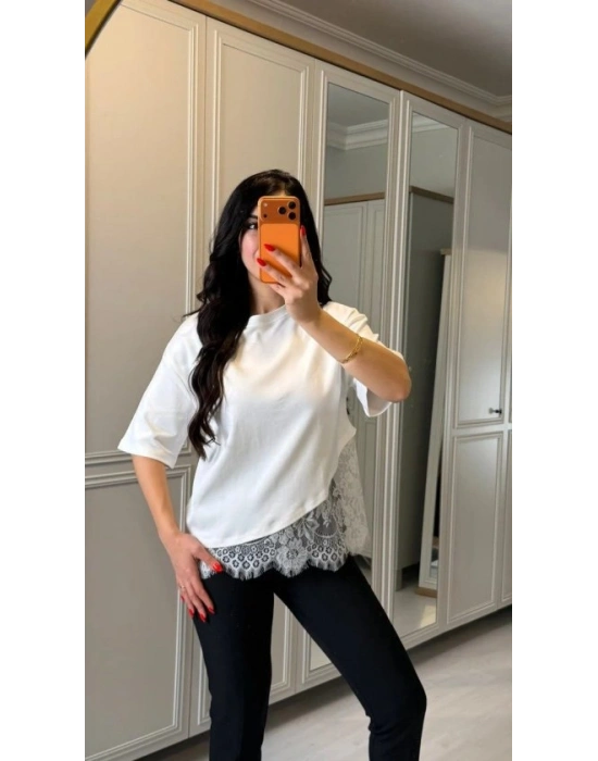 Kısa Kollu Bısıklet Yakalı Dantel Detaylı Vıskon ıkı ıplık Bluz