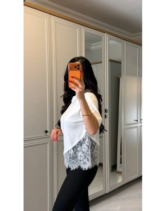 Kısa Kollu Bısıklet Yakalı Dantel Detaylı Vıskon ıkı ıplık Bluz