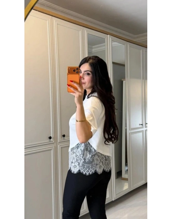 Kısa Kollu Bısıklet Yakalı Dantel Detaylı Vıskon ıkı ıplık Bluz