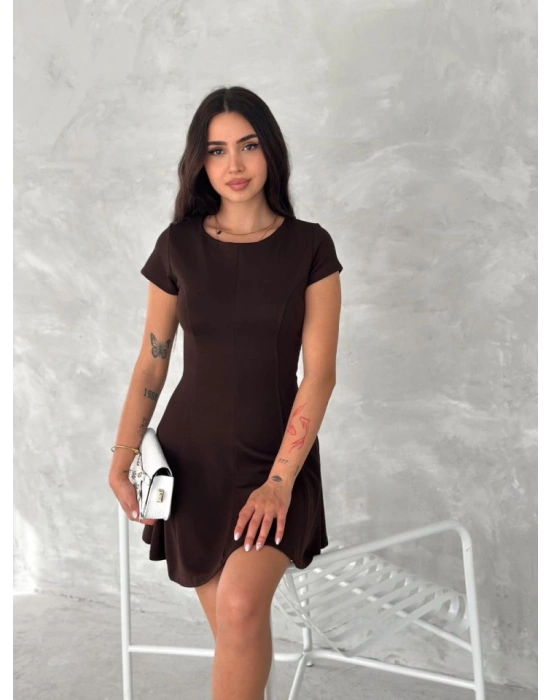 Kısa Kollu ini Elbise  Kahverengi