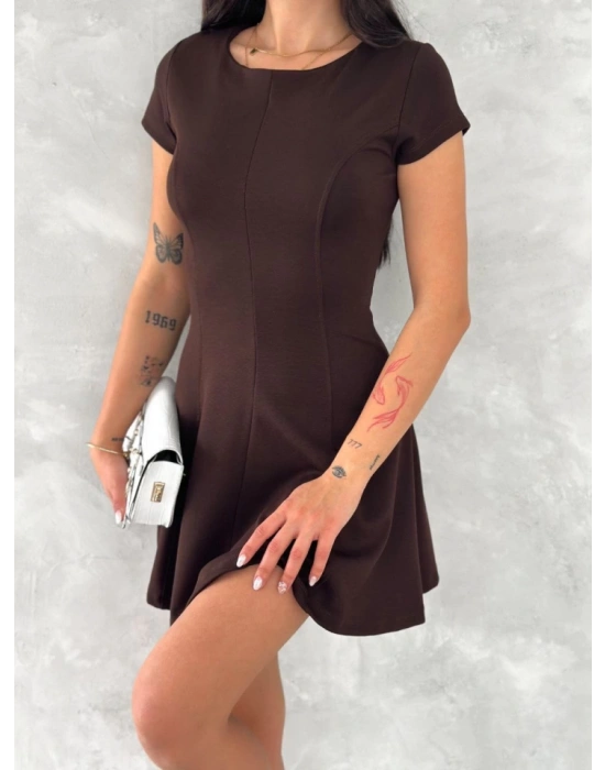 Kısa Kollu ini Elbise  Kahverengi