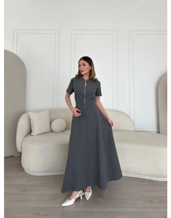 Kısa Kollu Önden Fermuarlı Çan Etekli Uzun Elbise  Antrasit