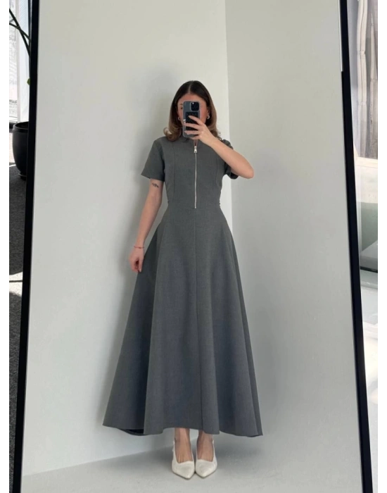 Kısa Kollu Önden Fermuarlı Çan Etekli Uzun Elbise  Antrasit