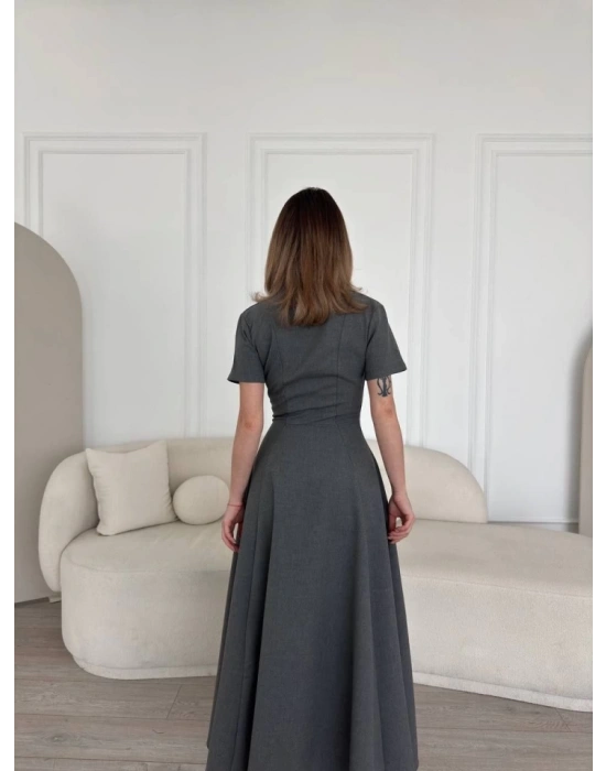 Kısa Kollu Önden Fermuarlı Çan Etekli Uzun Elbise  Antrasit