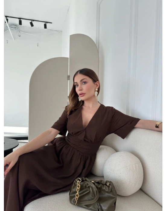 Kısa Kollu Uzun Elbise  Kahve