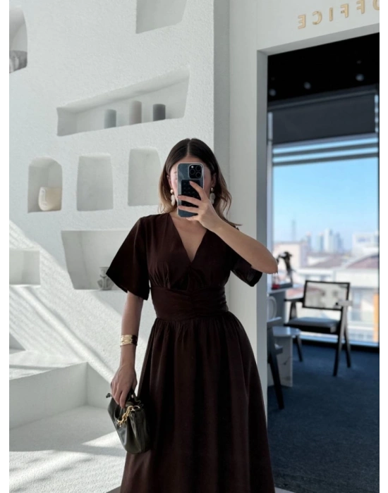 Kısa Kollu Uzun Elbise  Kahve
