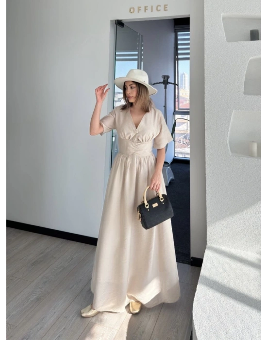 Kısa Kollu Uzun Elbise  Kırık Beyaz