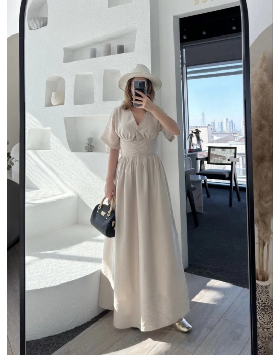 Kısa Kollu Uzun Elbise  Kırık Beyaz