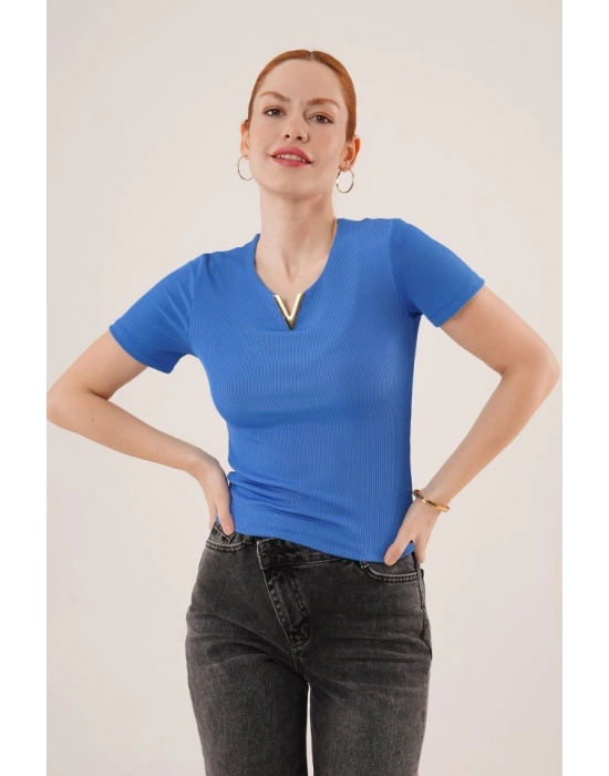 Kısa Kollu Yaka Detaylı Kaşkorse aks Bluz