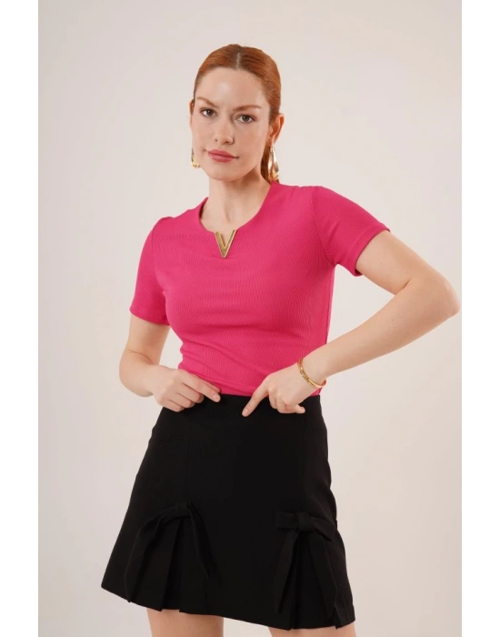 Kısa Kollu Yaka Detaylı Kaşkorse Fuşya Bluz