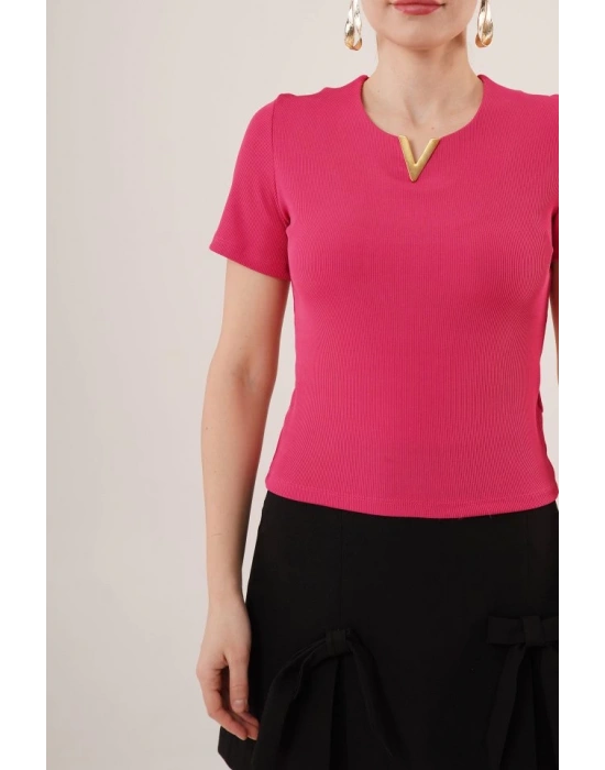 Kısa Kollu Yaka Detaylı Kaşkorse Fuşya Bluz
