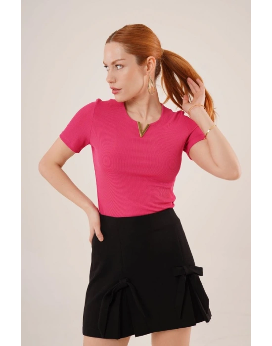 Kısa Kollu Yaka Detaylı Kaşkorse Fuşya Bluz