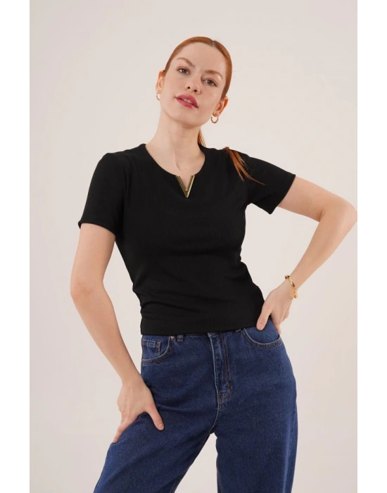 Kısa Kollu Yaka Detaylı Kaşkorse iyah Bluz