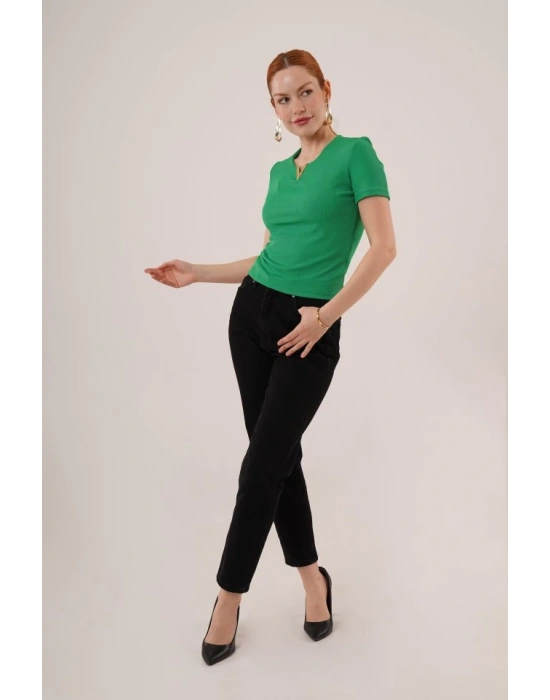 Kısa Kollu Yaka Detaylı Kaşkorse Yeşil Bluz