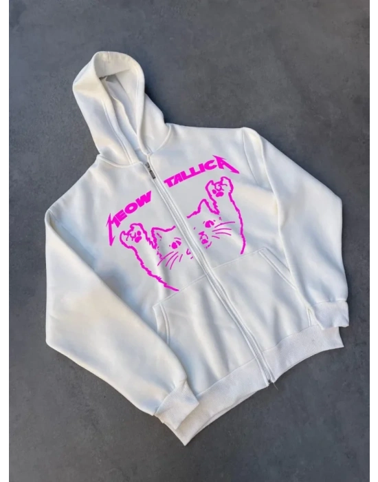 Kışlık Baskılı Fermuarlı Kapüşonlu Hırka  Beyaz