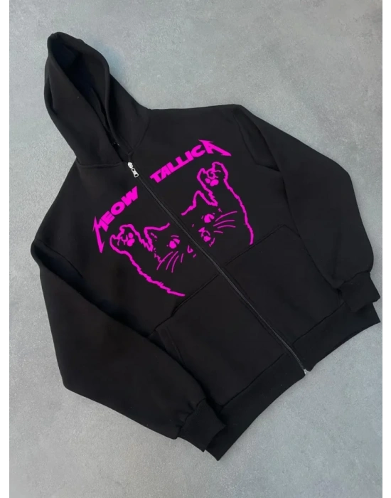 Kışlık Baskılı Fermuarlı Kapüşonlu Hırka  iyah