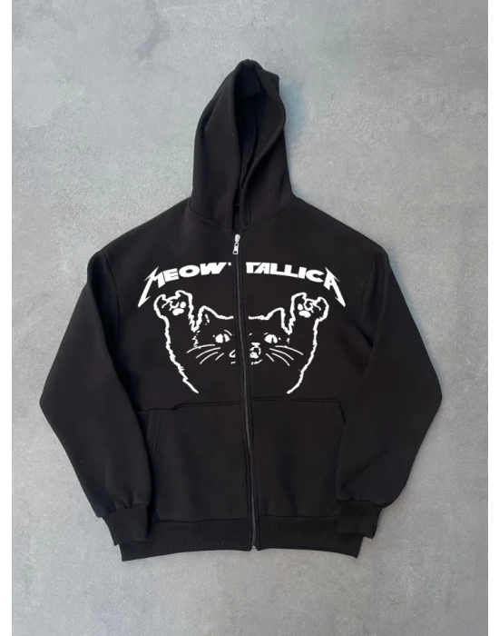 Kışlık Baskılı Fermuarlı Kapüşonlu Hırka  iyah