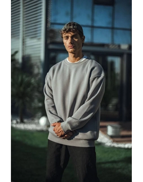 Kışlık Bisiklet Yaka Üç İplik Basic weathirt  Boyalı Gri