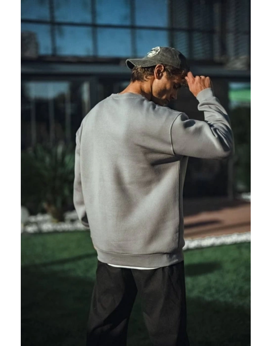 Kışlık Bisiklet Yaka Üç İplik Basic weathirt  Boyalı Gri