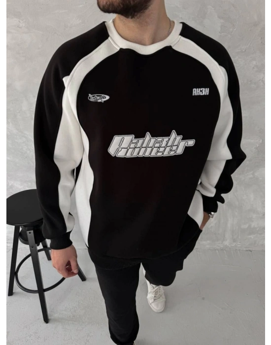 Kışlık Nakış İşlemeli Bisiklet Yaka Parçalı weathirt  iyah